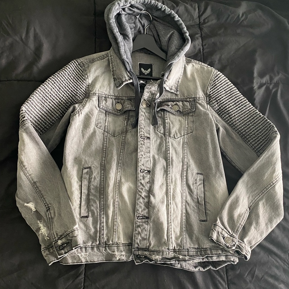 Brave Soul Washed Black Jersey Hood Denim Jacket Size M